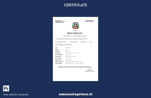 certificato di nascita della Repubblica Dominicana in stile verificato modello W